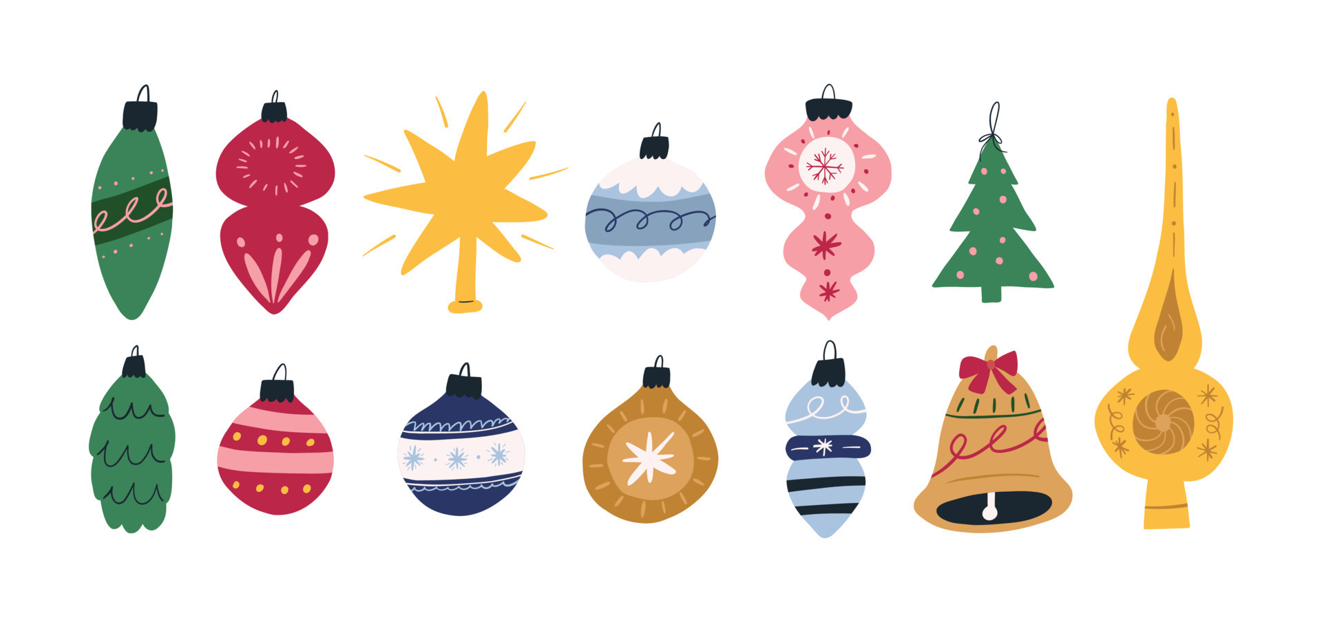 Set of Christmas tree ornaments, cartoon flat vector illustration isolated  on white background. Cute hand drawn Christmas decorations. Colorful retro  baubles. 24237339 Vector Art at Vecteezy