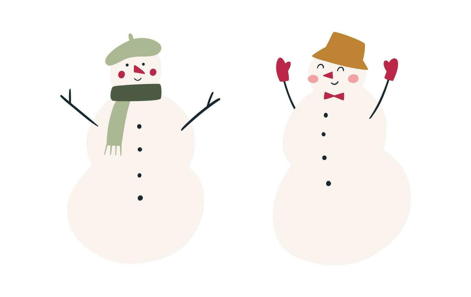 Set of cute and funny snowmen, cartoon flat vector illustration isolated on white background. Cheerful snowman wearing scarf, hat and gloves. Christmas character drawing.