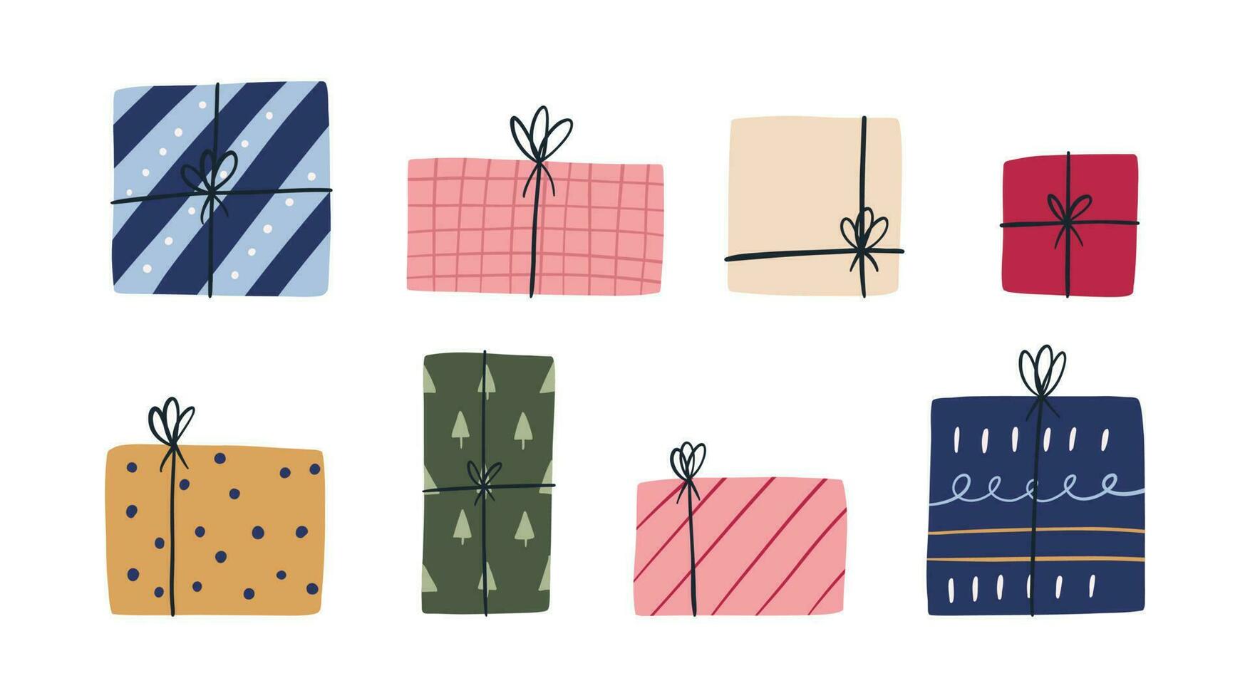 colección de linda mano dibujado regalo cajas, plano vector ilustración aislado en blanco antecedentes. vistoso Navidad o cumpleaños regalos colocar.