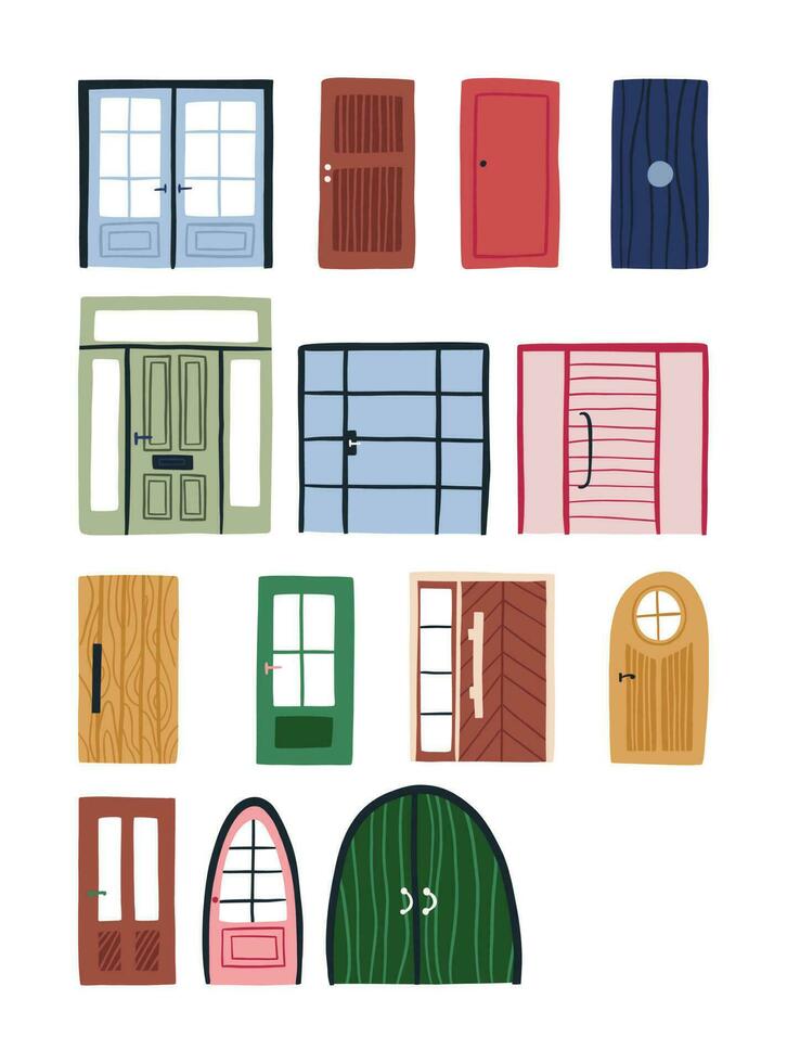 Set of various modern doors, hand drawn flat vector illustration isolated on white background. Glass and wooden doors for house exterior. Concepts of entrance.