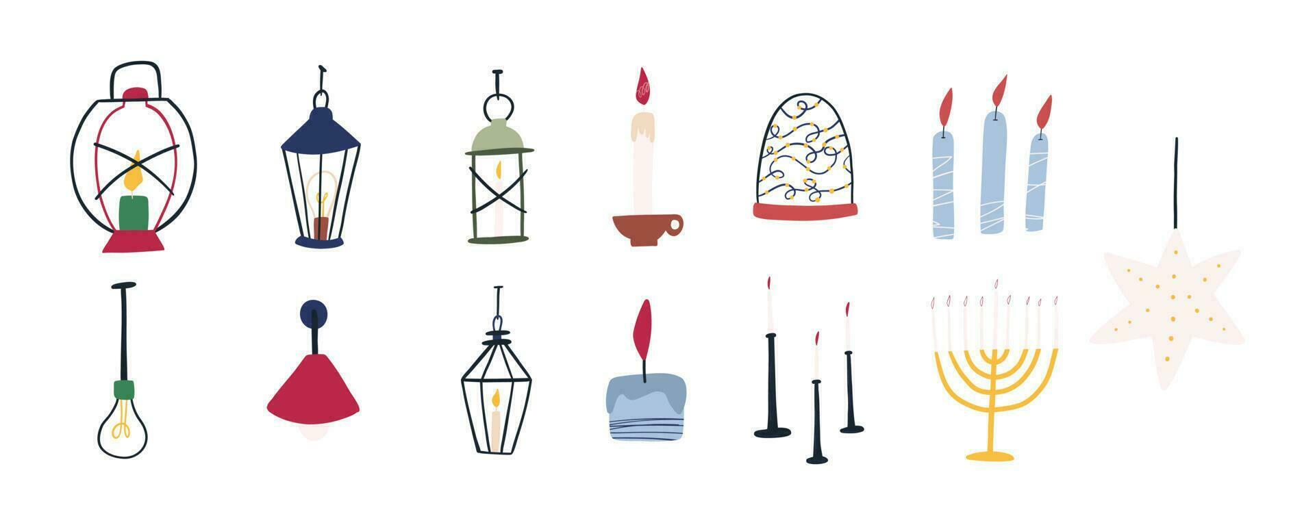 Set of cute hand drawn lamps, lanterns and fairy lights - cartoon flat vector illustration isolated on white background. Various candles, holiday star lights and Hanukkah menorah.