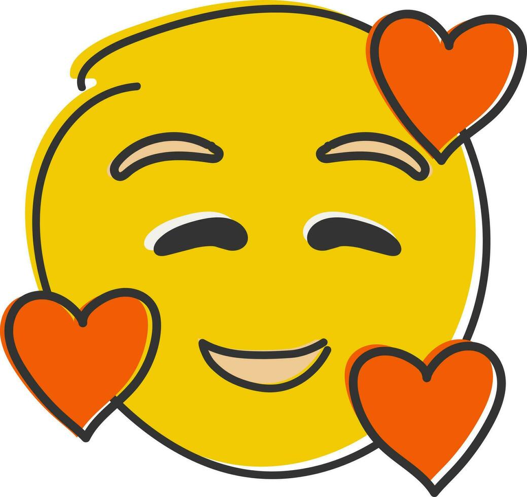 In love emoji. Smiling emoticon with three hearts. Hand drawn, flat style emoticon. vector