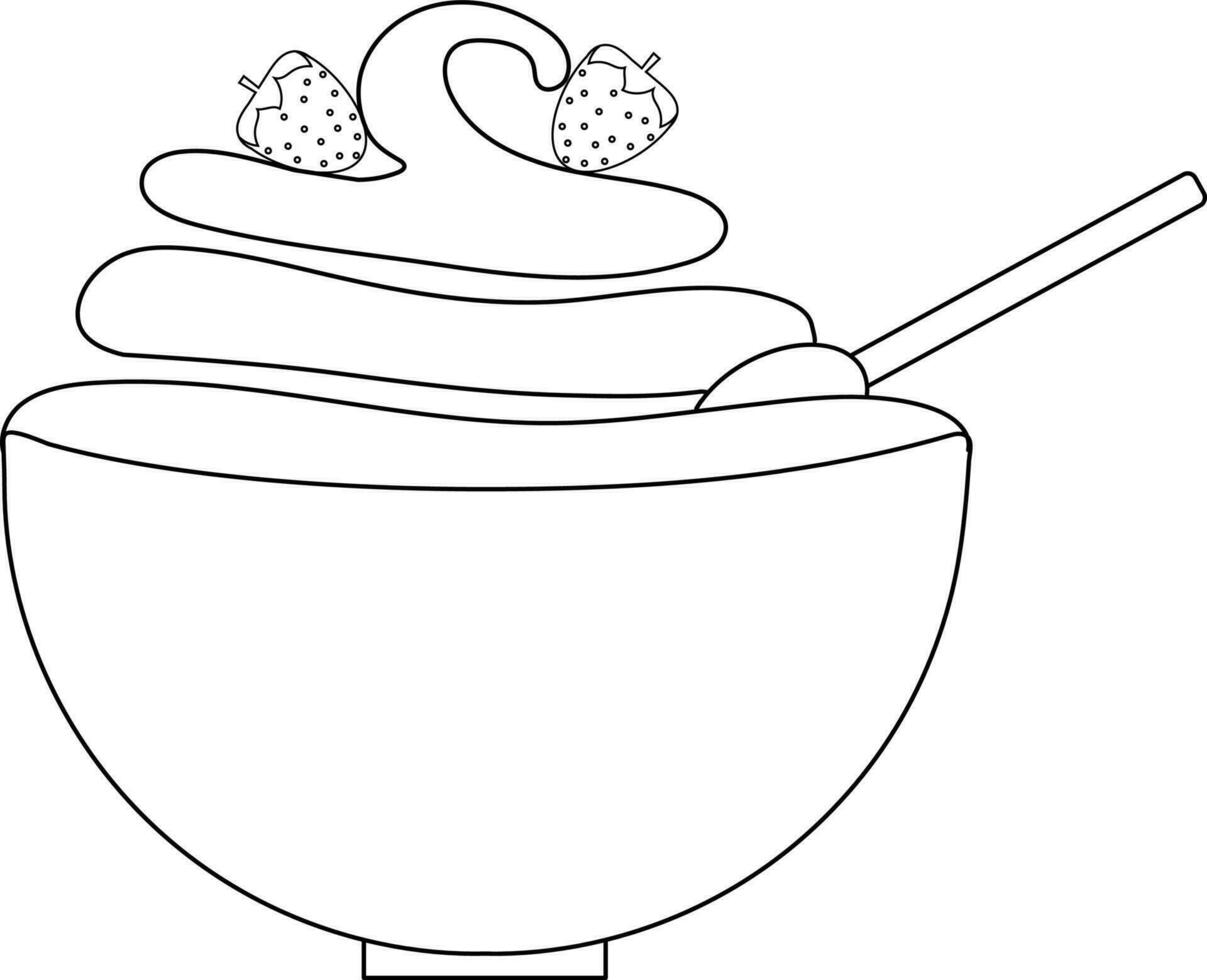 Cup ice cream with spoon decorated by strawberry in black line art. vector