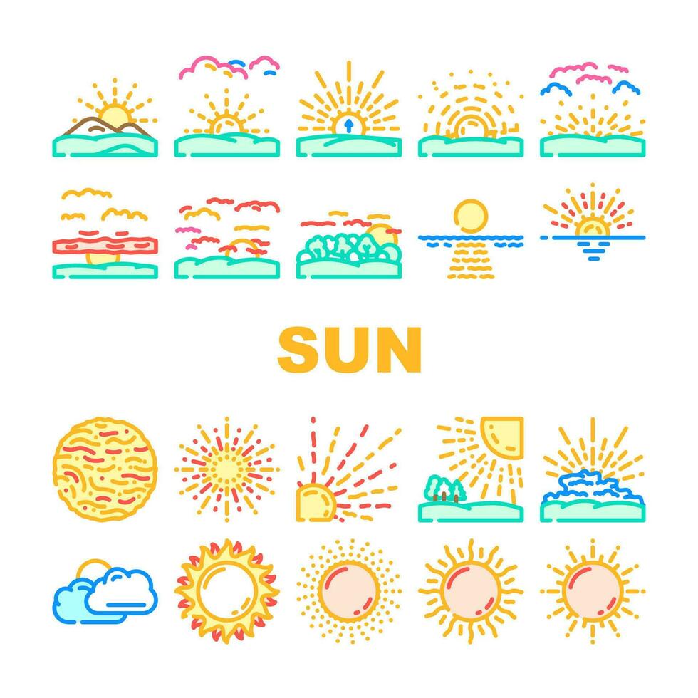 sun summer sunlight light icons set vector