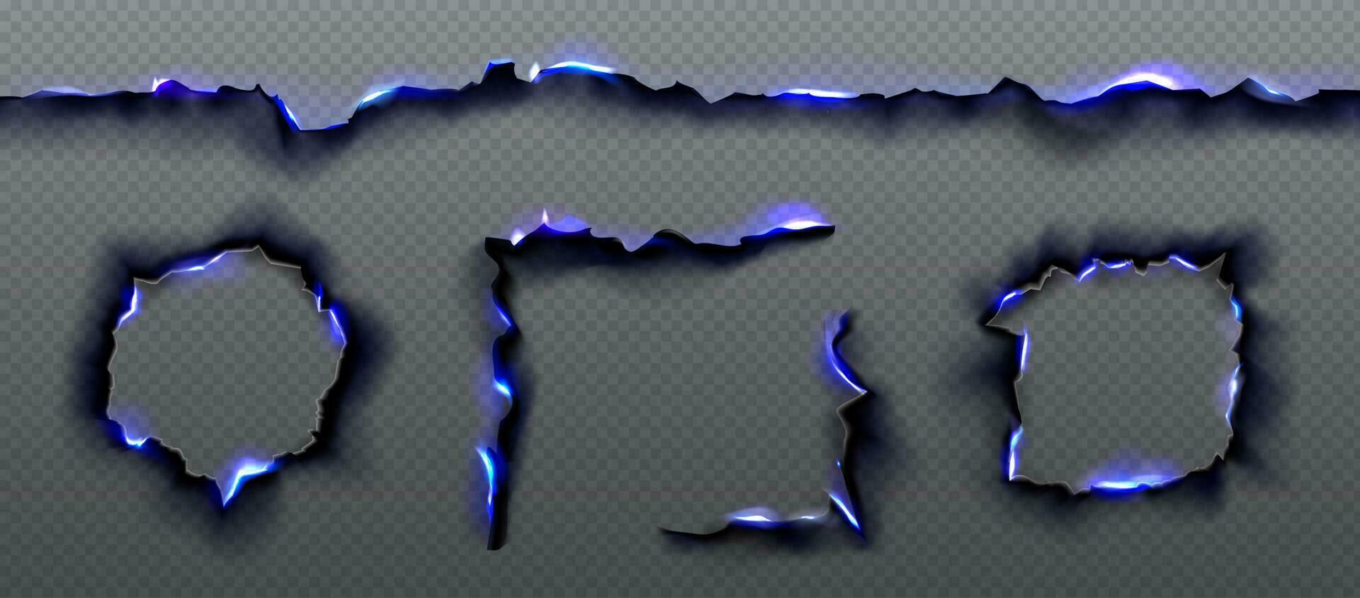 Black burnt paper edges with blue fire texture vector