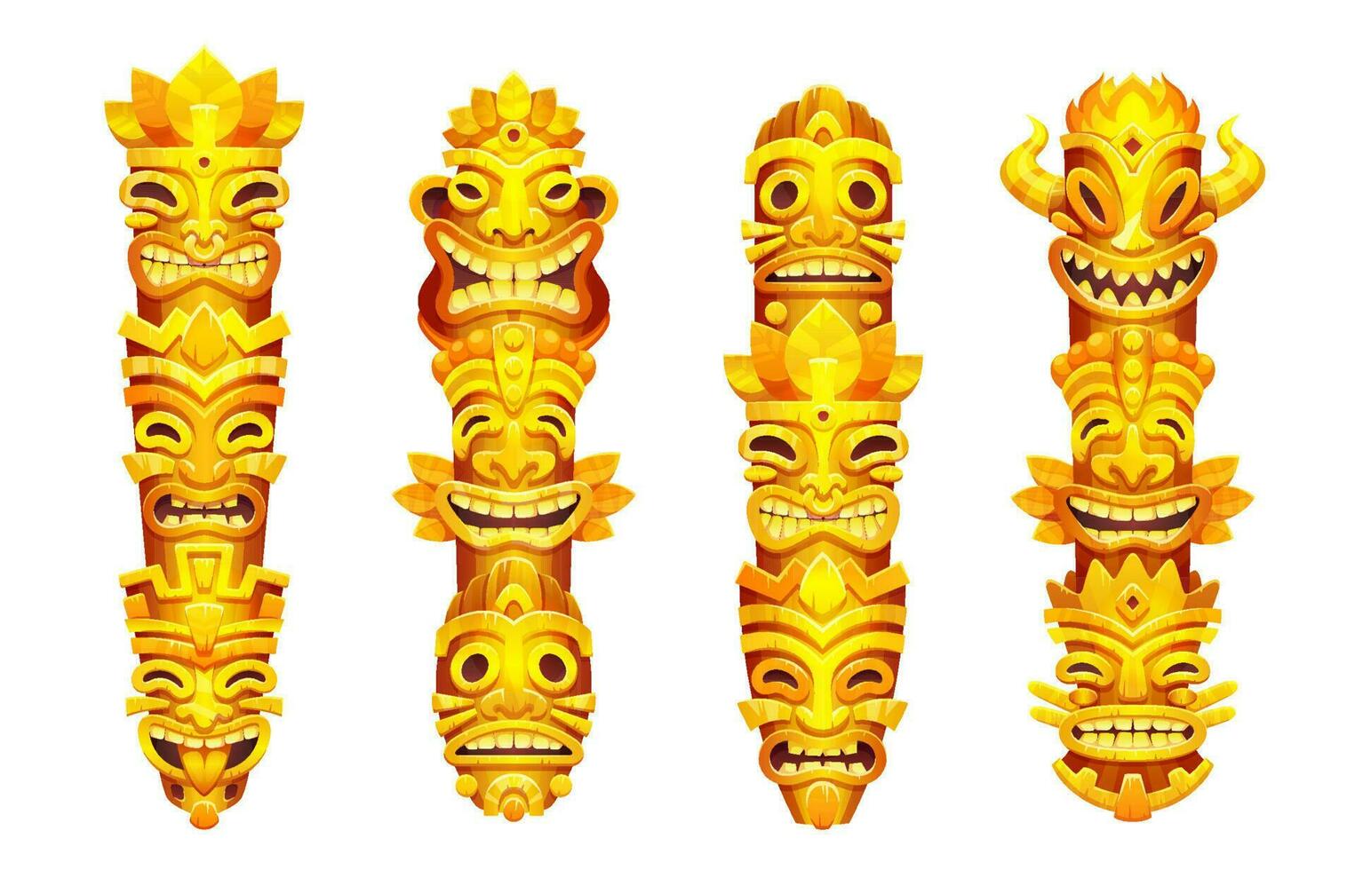 Gold tiki totem mask statue, hawaiian tribe pillar vector