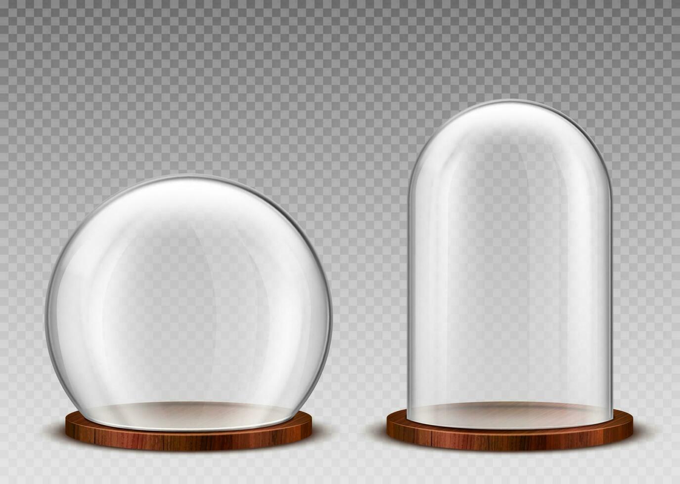 Empty glass dome, clear bell jar on wooden podium vector