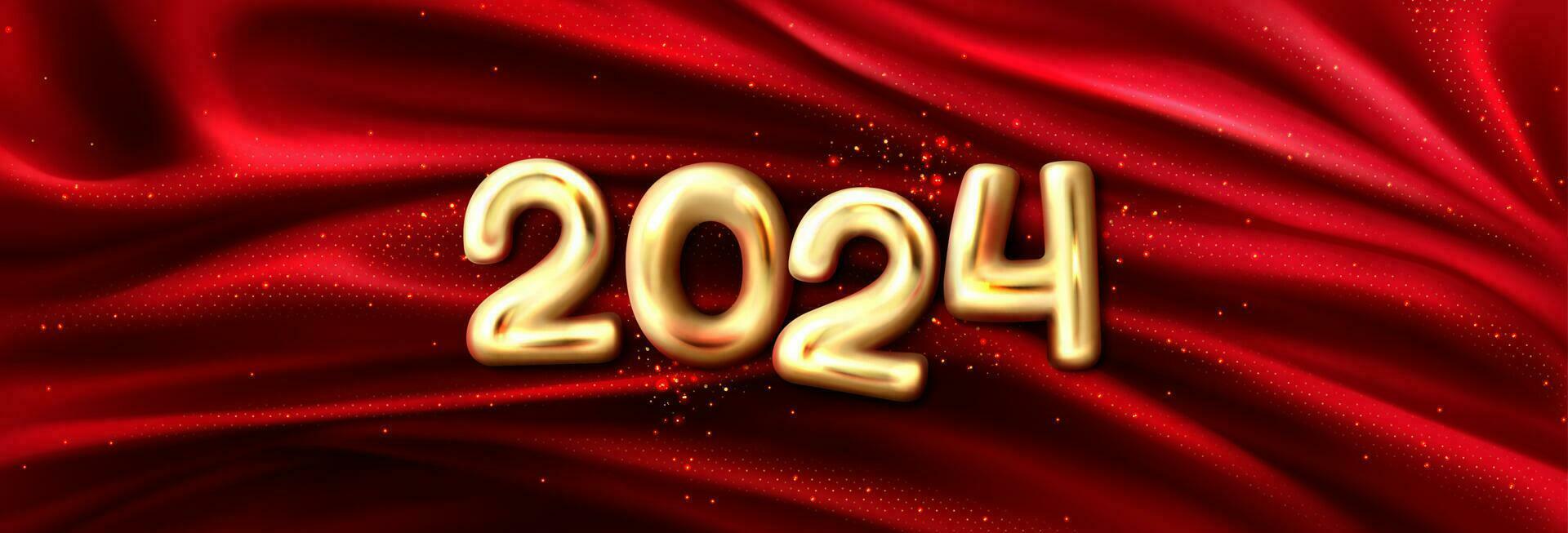 Golden 2024 numbers on red silk cloth background vector