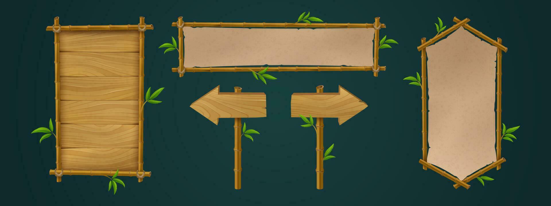 Wooden bamboo sign board frame game ui vector set.