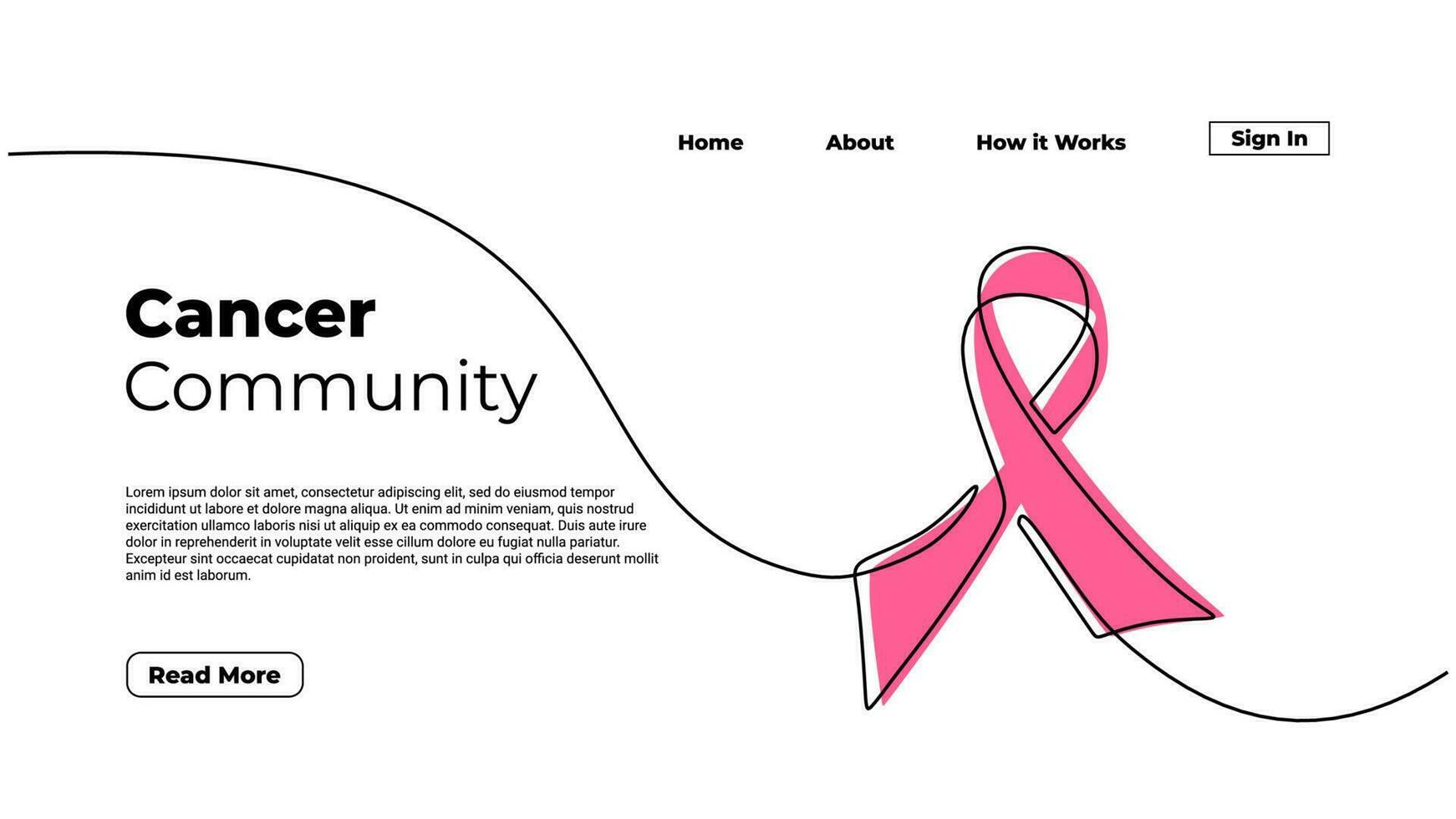 Landing page cancer vector. One continuous line of pink ribbon vector