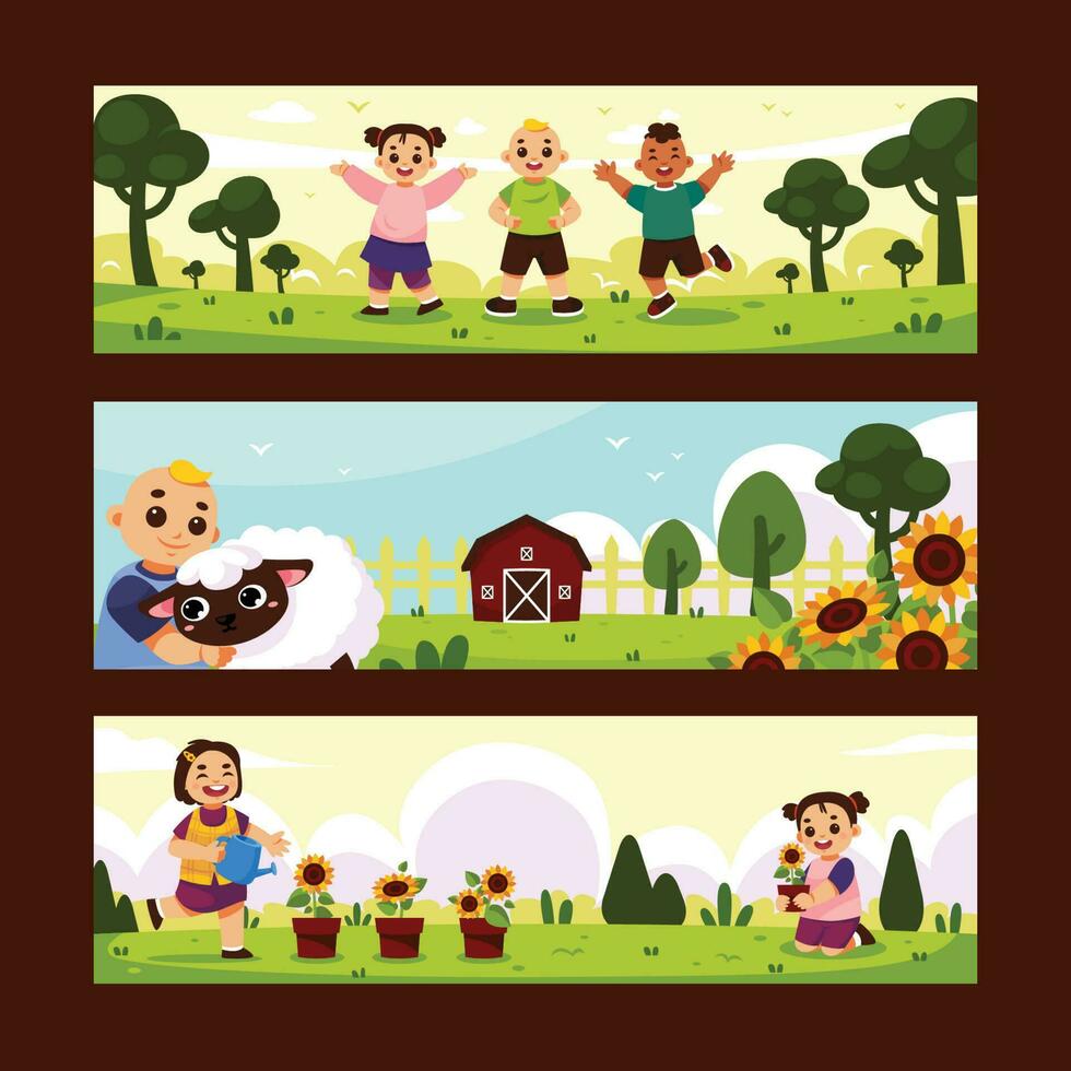 Kids Playing In The Park Horizontal Banner Collection vector