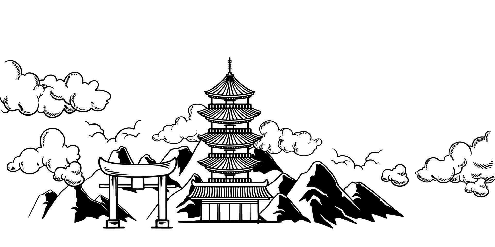 Traditional oriental Japanese building landscape. vector