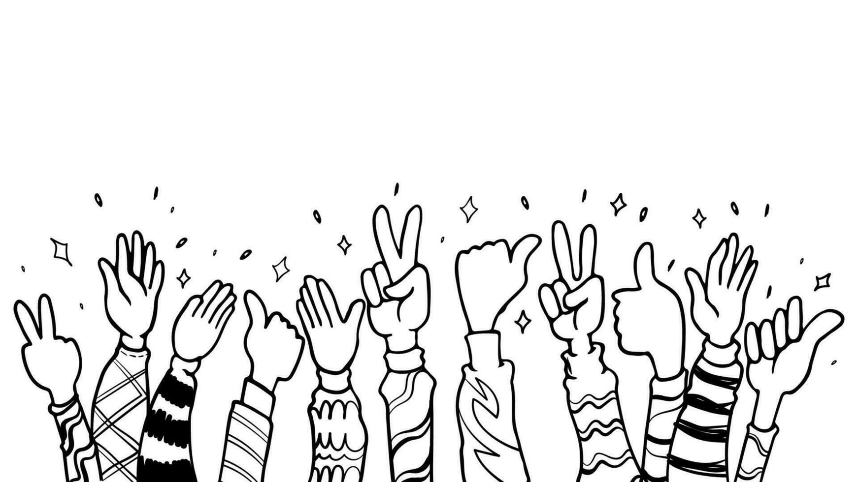 hand drawing of hands up, clapping, applause, thumbs up and peace vector