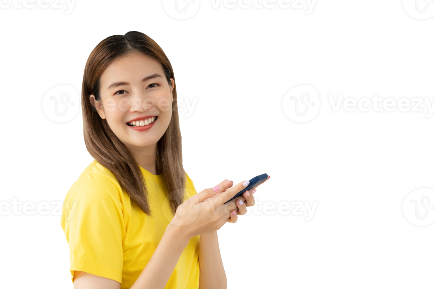 Happy woman, Portrait of smiling Asia girl using mobile phone, freelance, out site, research, copy space, happy cheerful cute business, positive energy, female executive, attractive, expression, png