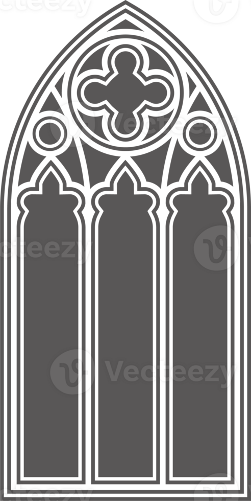 Gothic church window. Architecture arch with glass. Old castle and cathedral frame. Medieval stained interior design. Vintage illustration png