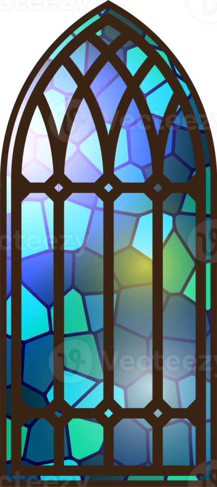 Gothic stained glass window. Church medieval arch. Catholic cathedral mosaic frame. Old architecture design png