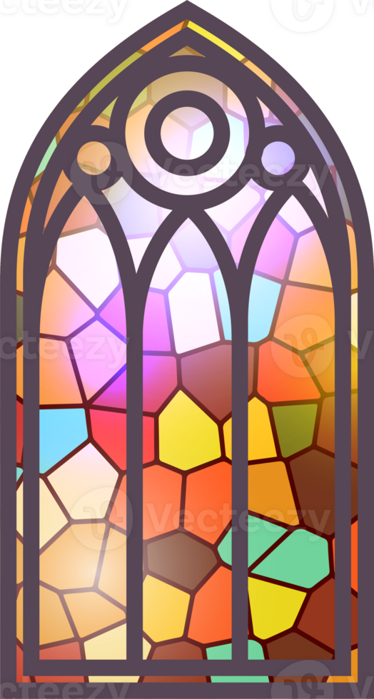 Gothic stained glass window. Church medieval arch. Catholic cathedral mosaic frame. Old architecture design png