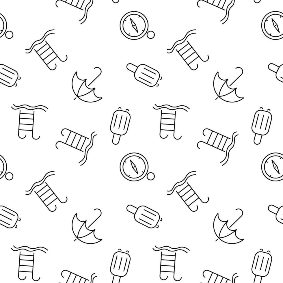 Seamless monochrome repeating pattern of luggage, compass, umbrella, swimming pool vector
