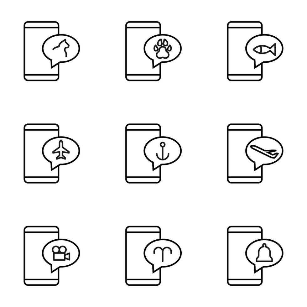 Vector outline signs and symbols drawn in flat style with black thin line. Editable strokes. Line icons of cat, paw, fish, airplane, anchor in bubble by smartphone