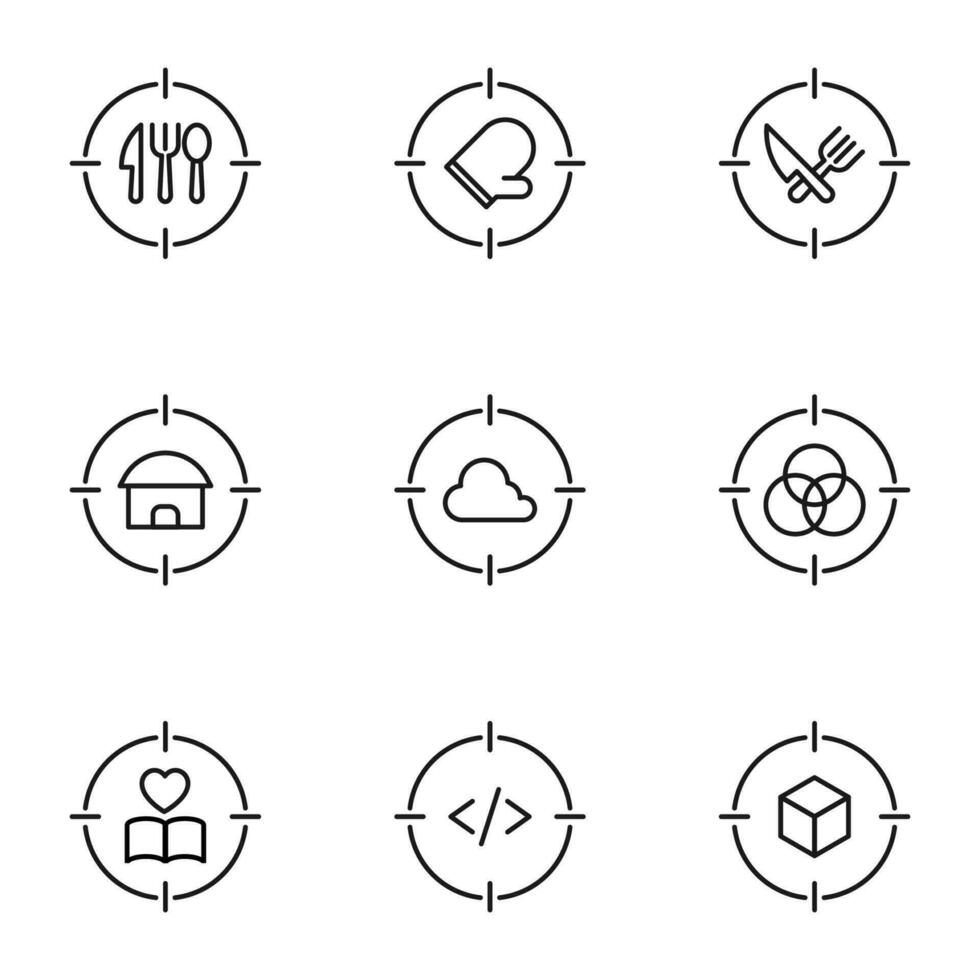 Vector outline signs and symbols drawn in flat style with black thin line. Editable strokes. Line icons of kitchen utensil, mitten, cloud, intersected circles, cube