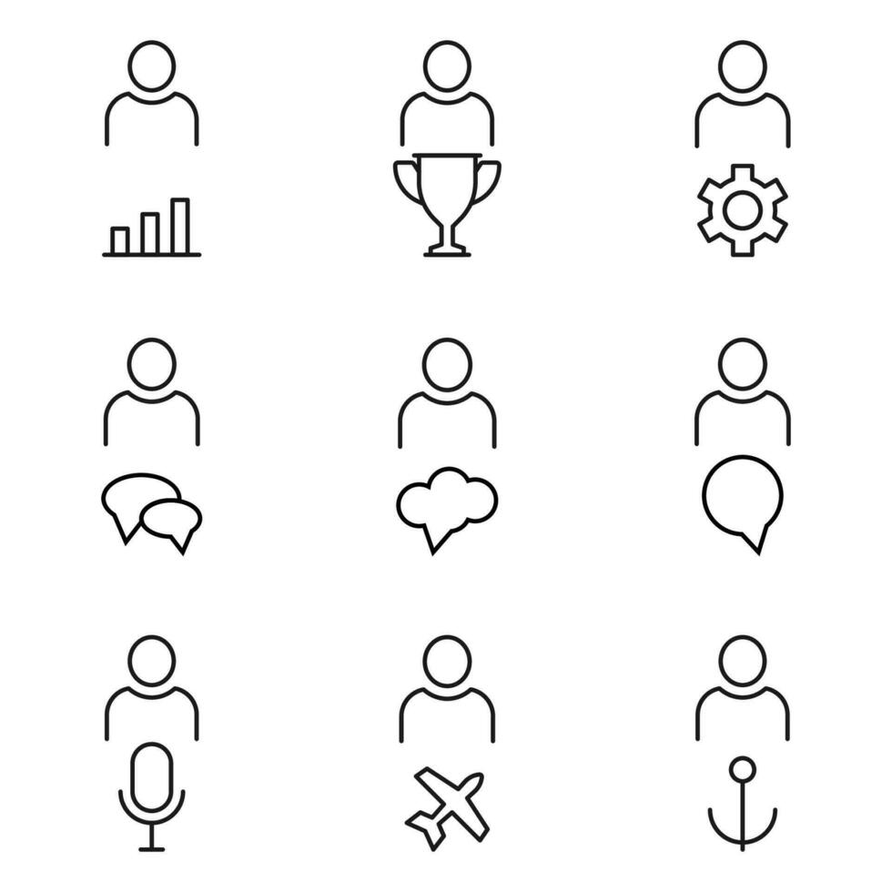 Vector outline signs and symbols drawn in flat style with black thin line. Editable strokes. Line icons of user by speech bubbles, gear, winner cup, progress bar, plane, anchor