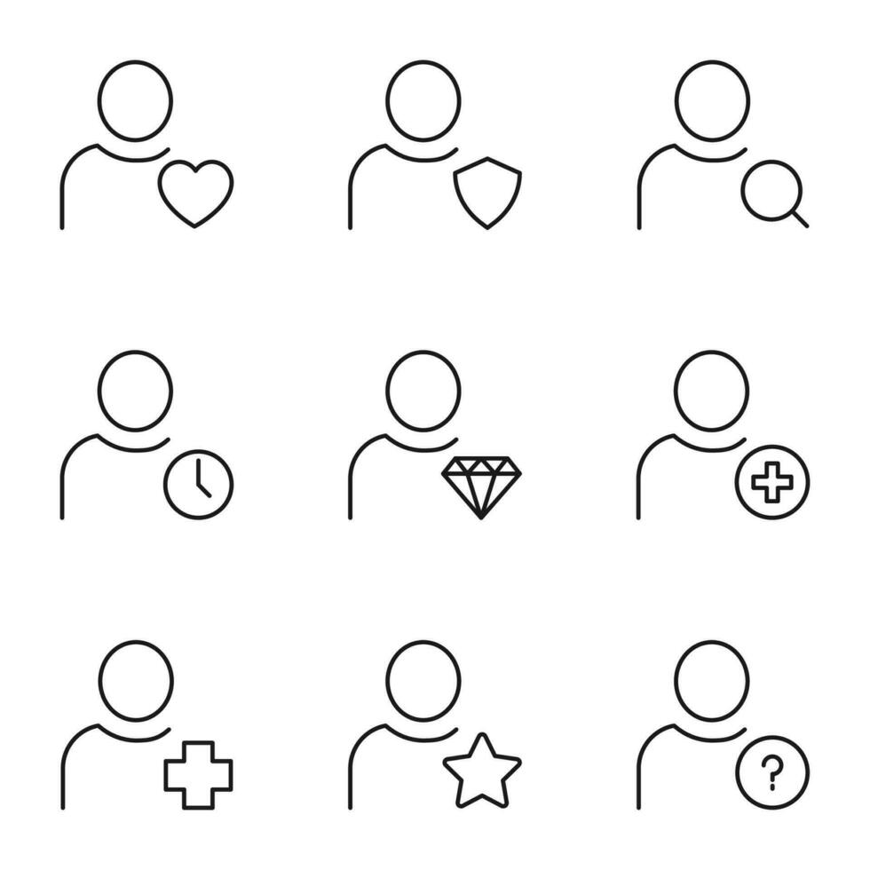 Vector outline signs and symbols drawn in flat style with black thin line. Editable strokes. Line icons of user by heart, shield, magnifying glass, star, medical cross