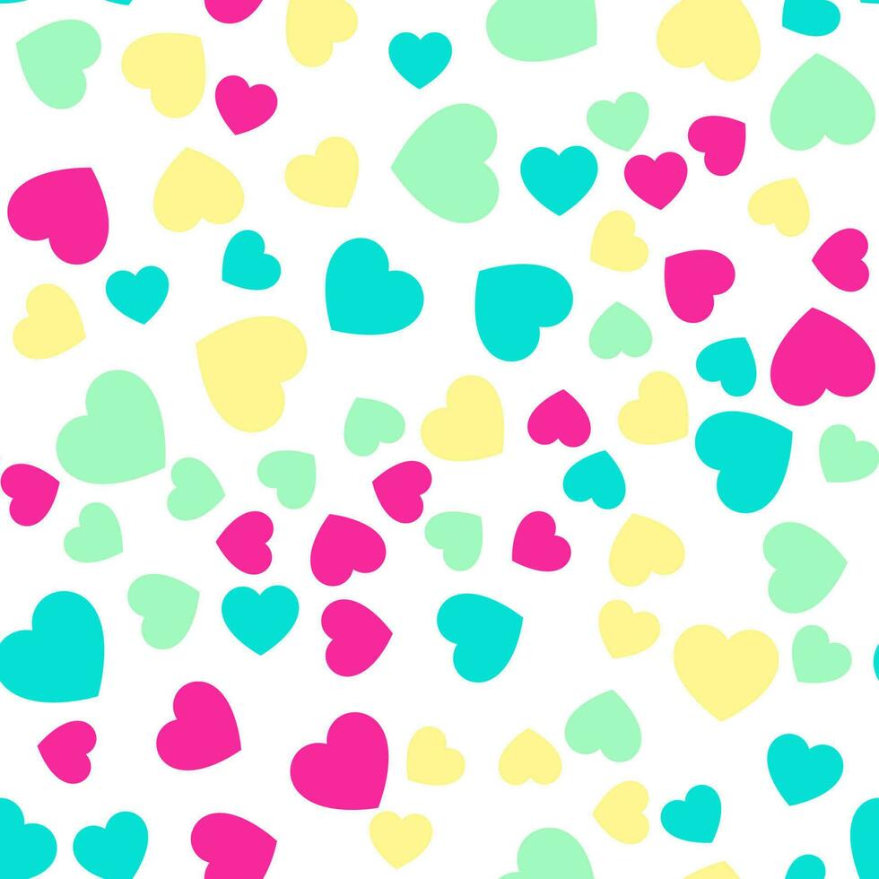 Colorful seamless pattern of magenta, yellow, green, turquoise hearts. Suitable for printing on textile, fabric, wallpapers, postcards, wrappers vector