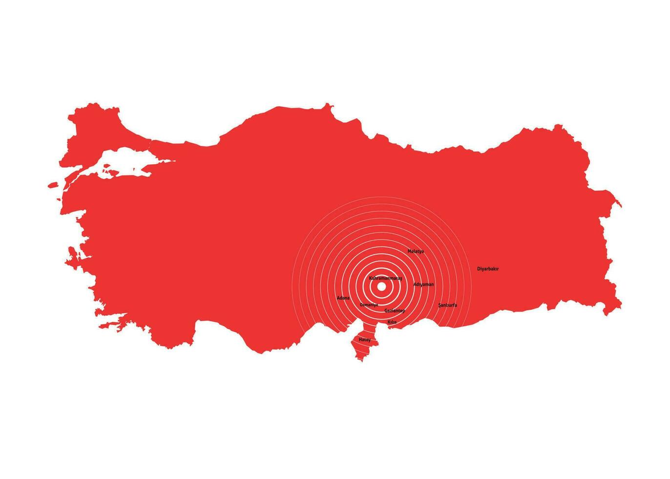 Earthquake in Turkey. Central fault line. The central map of the provinces affected by the earthquake. Table and map of the extent of the earthquake in Turkey. Map of earthquakes in Turkey. Vector ill