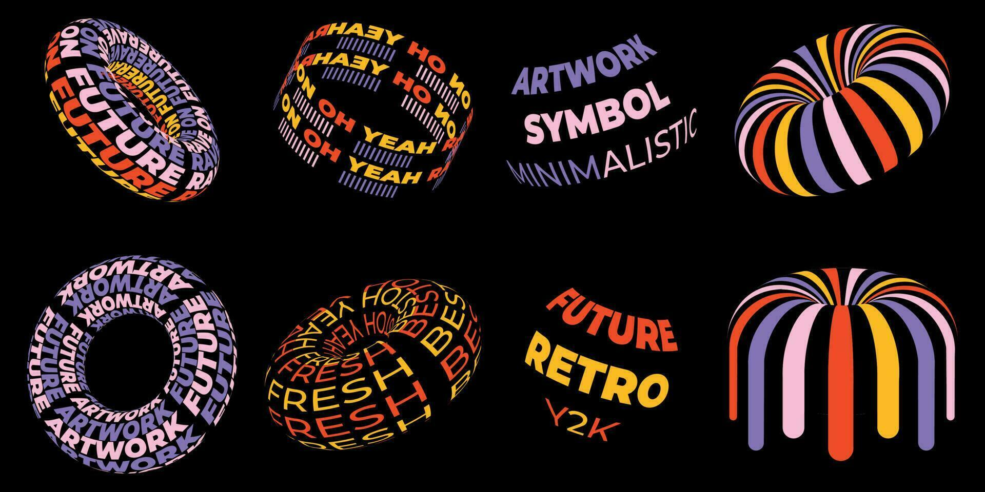 Futuristic colored Y2K graphic icons. Grid, donut, sticky donut, text, lettering in 80s, 90s, 00-.x retro style Set of y2k elements for graphic design. Vector illustration.