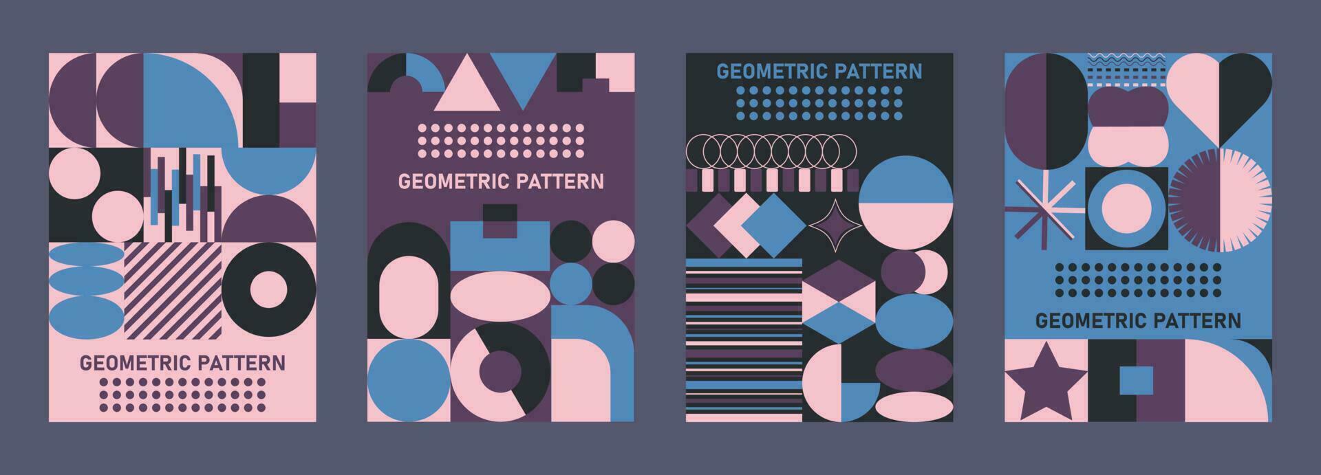 Geometric pattern background, Abstract elements circle triangle, star, square, lines, zigzag. Futuristic posters. Vector illustration. Bauhaus fashion set.