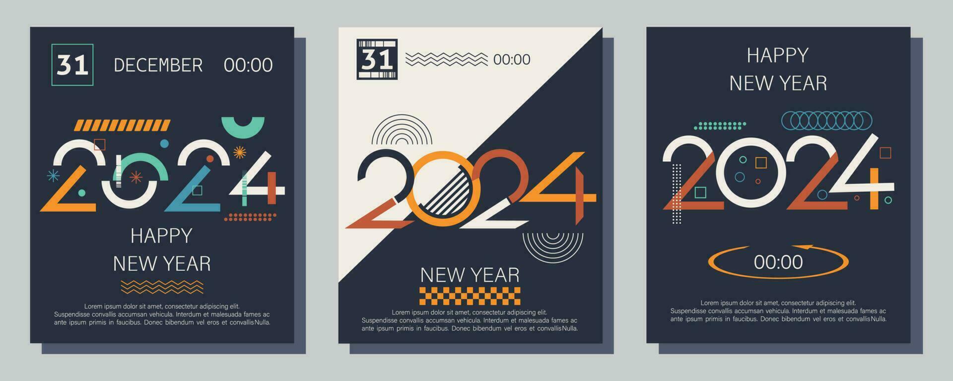 Number 2024 poster design. 2024 logo text design. Design template Festive typographic poster, banner or greeting card with geometric shapes and figures Happy New Year. Vector illustration.