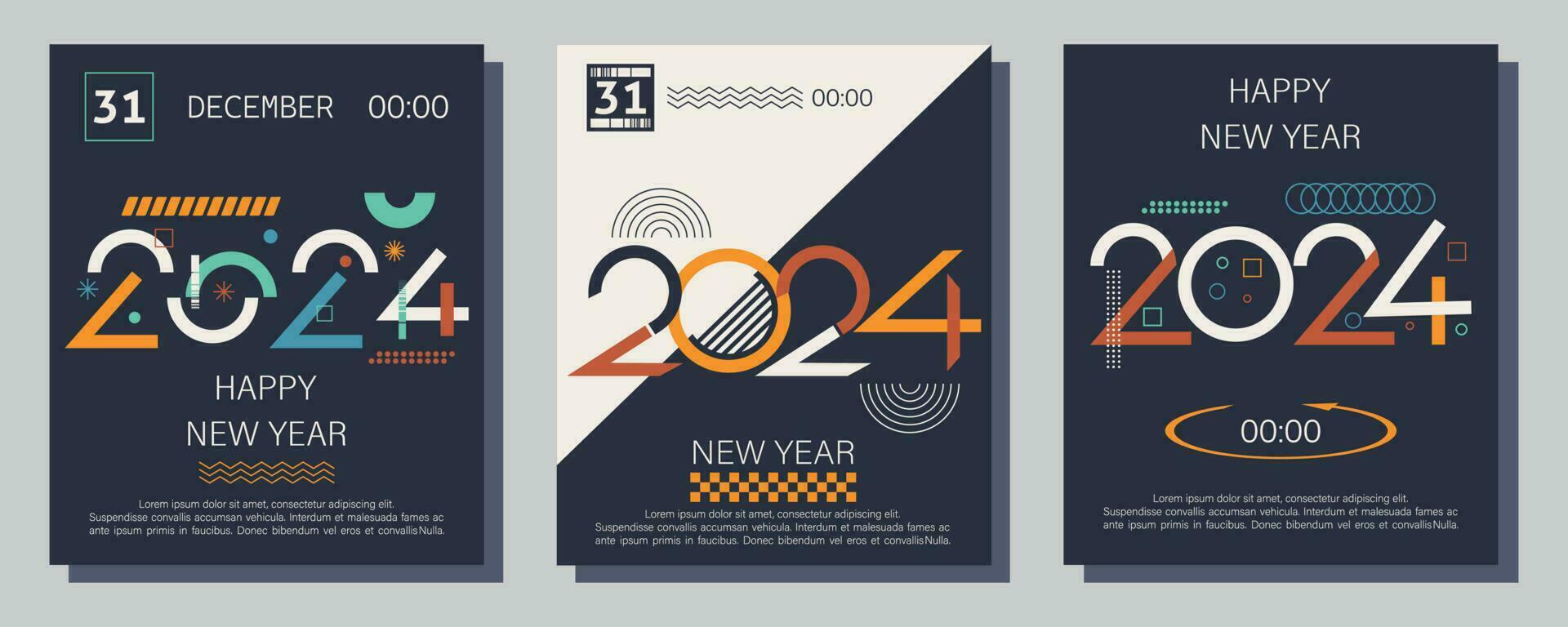 Number 2024 poster design. 2024 logo text design. Design template Festive typographic poster, banner or greeting card with geometric shapes and figures Happy New Year. Vector illustration.