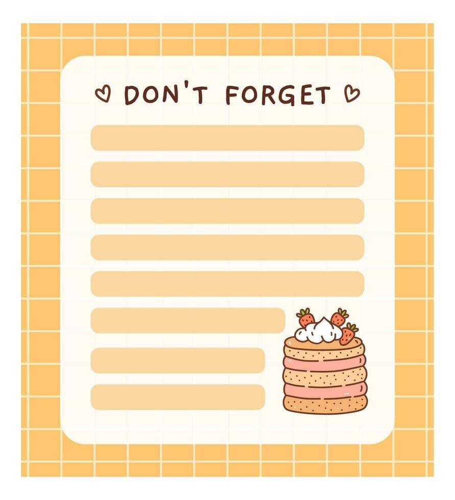 Cute to do list template with a strawberry cake. Kawaii design of daily planner, schedule or checklist. Perfect for planning, memo, notes and self-organization. Vector hand-drawn illustration.