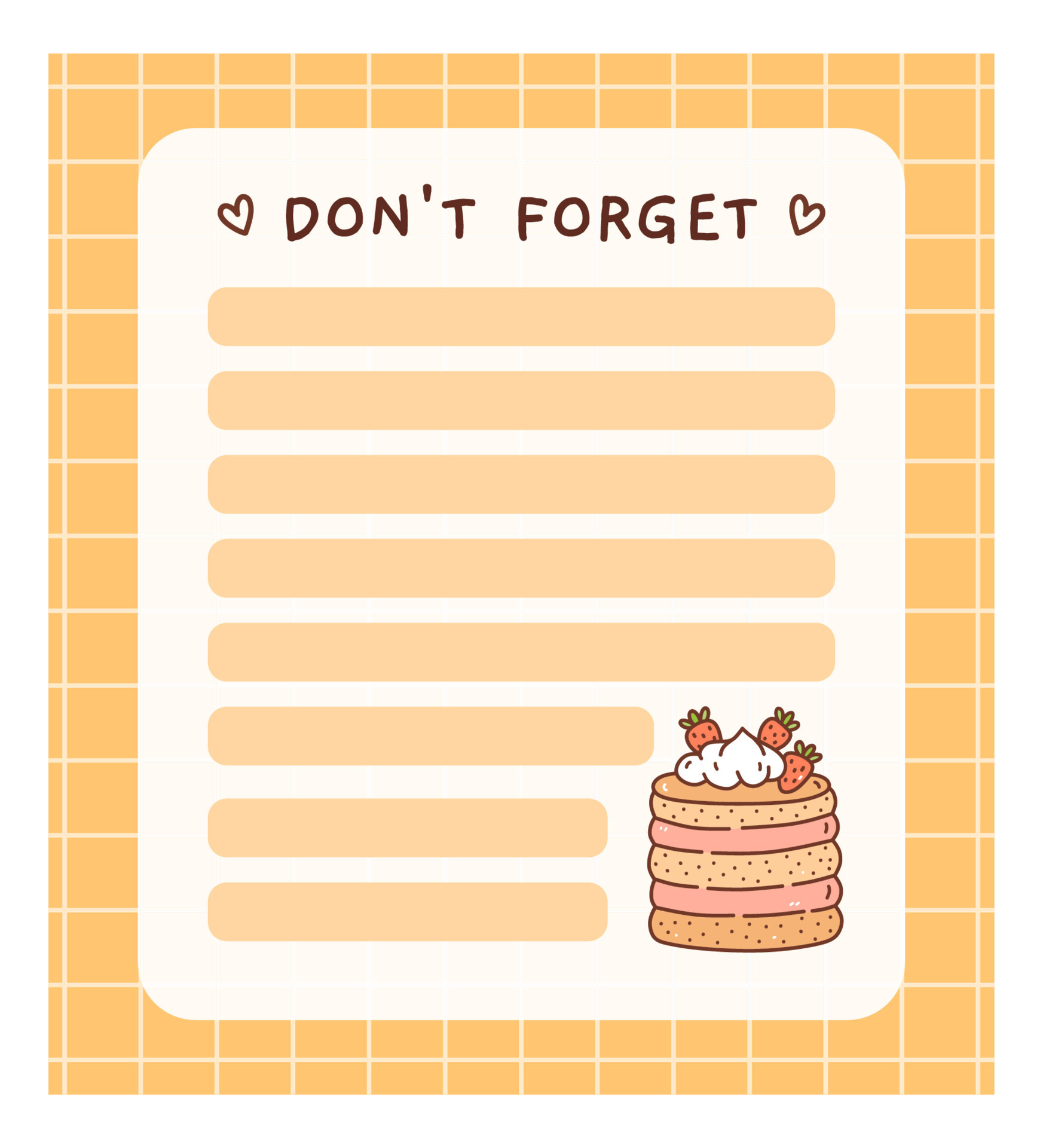 Cute to do list template with a strawberry cake. Kawaii design of daily