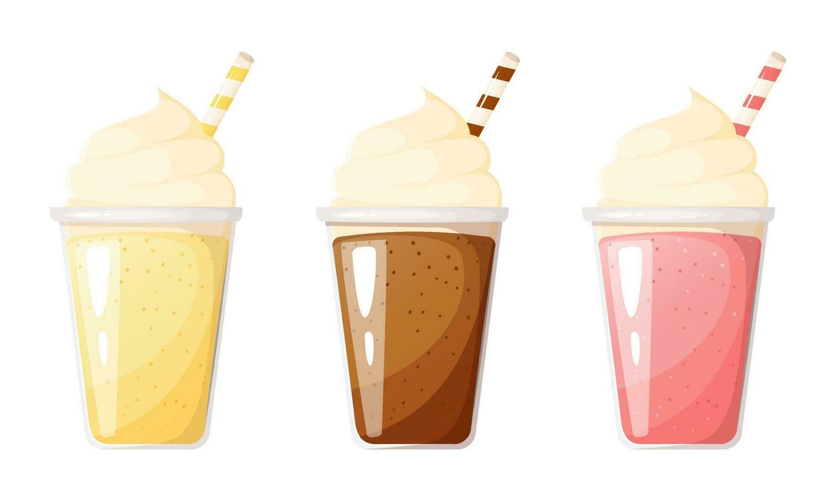 Banana, strawberry and chocolate milkshake with whipped cream in plastic cup. vector
