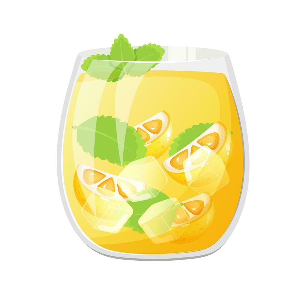 Cartoon style lemonade in a glass with ice cube, lemon and mint. Soft drinks vector illustration.