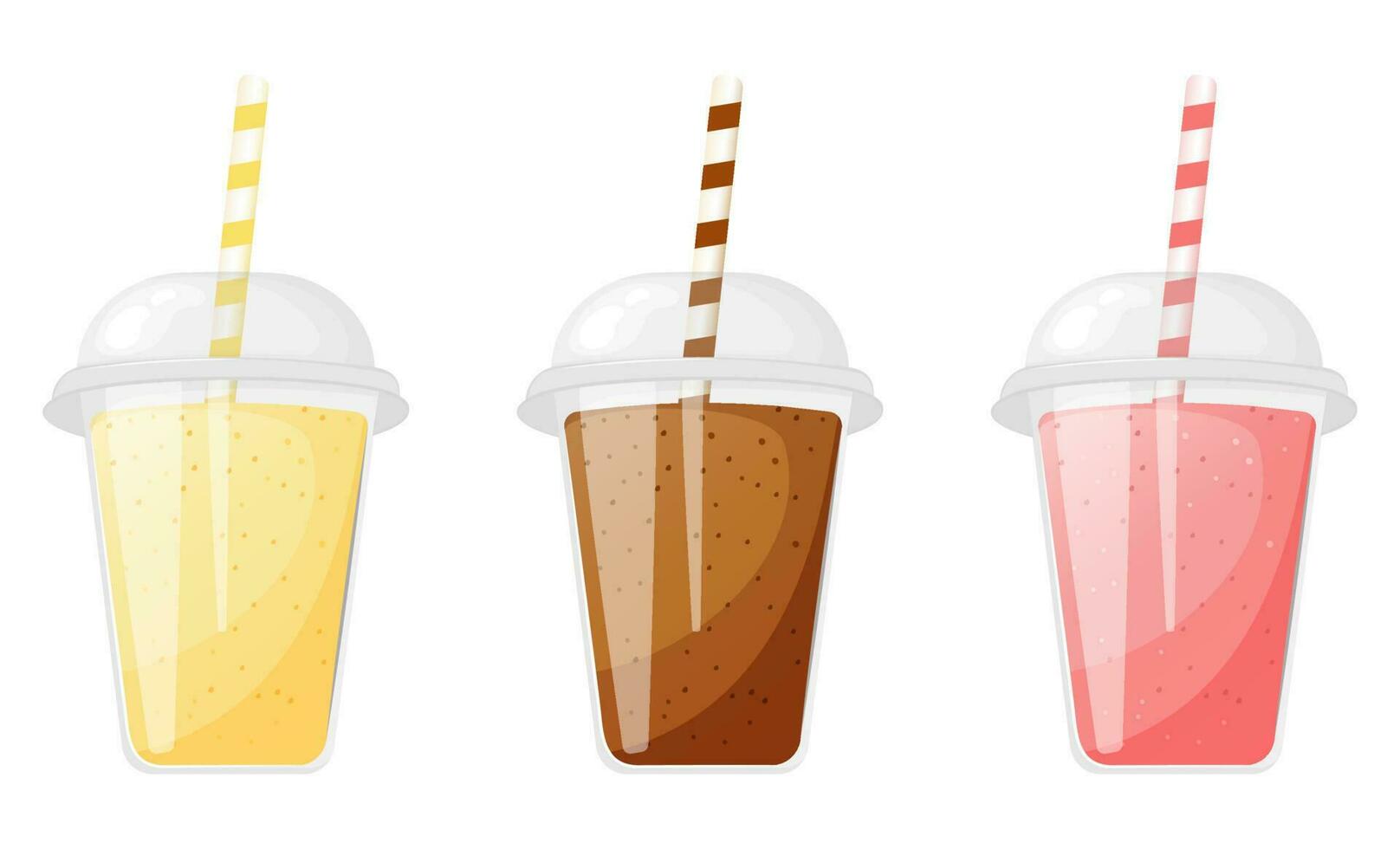 Banana, strawberry and chocolate milkshake in plastic cup with straw collection. vector