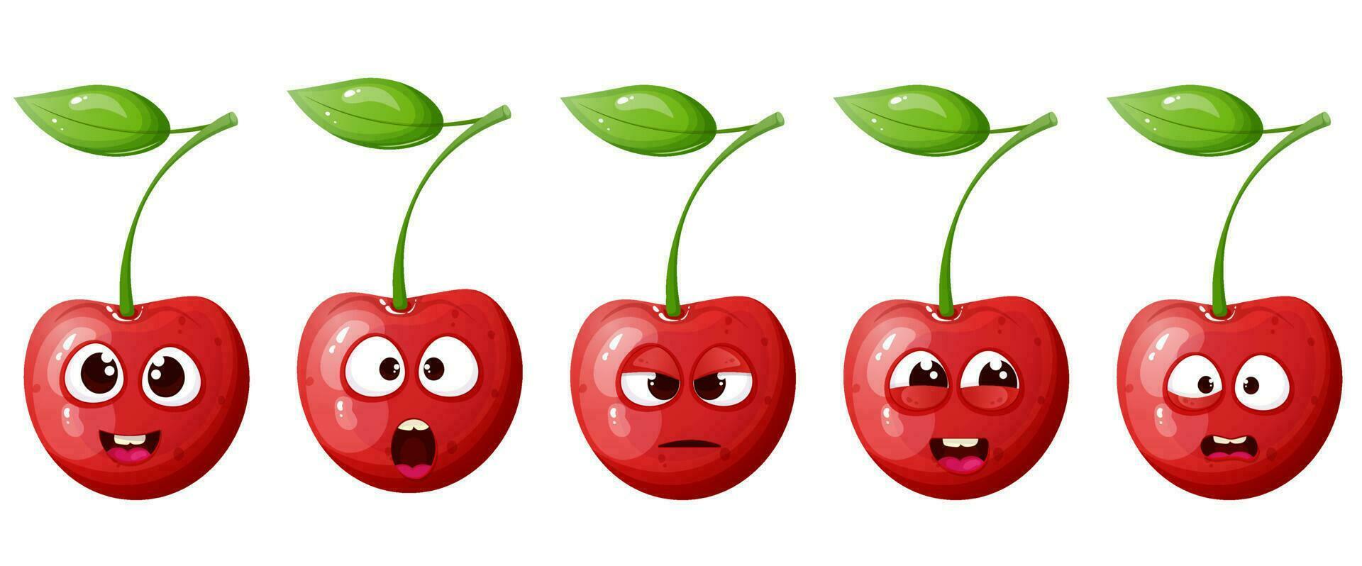 Funny, cute cartoon cherry character set with different emotion face. vector