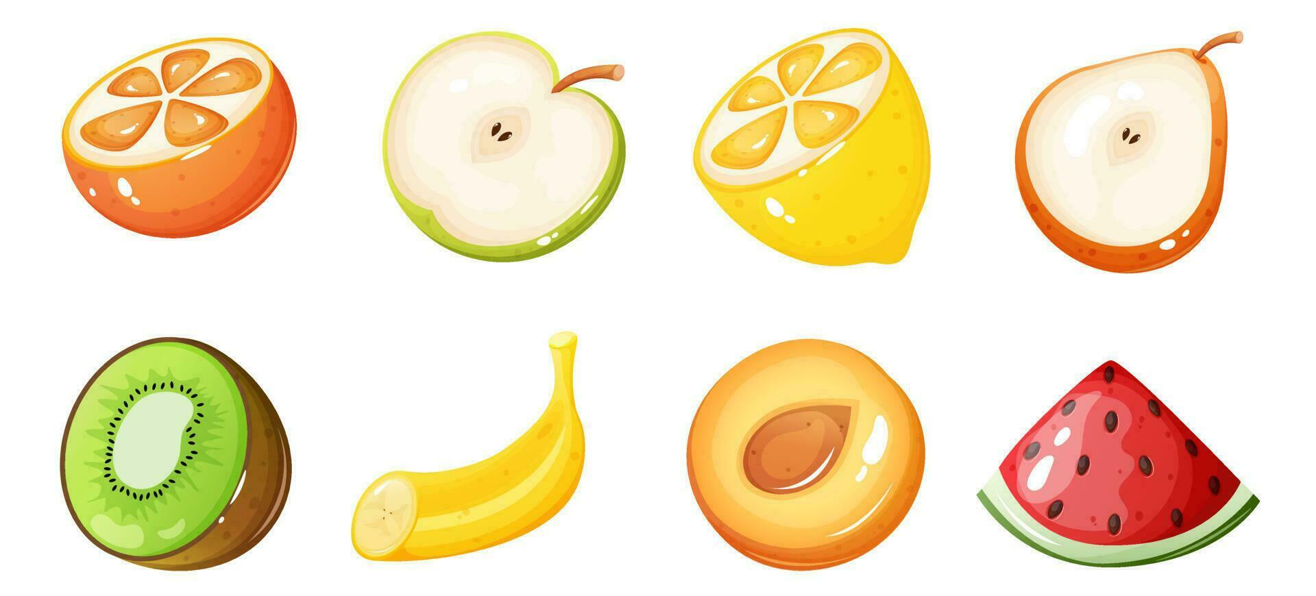 Pieces of various fruits set. Cartoon style vector illustration. Game slot element.