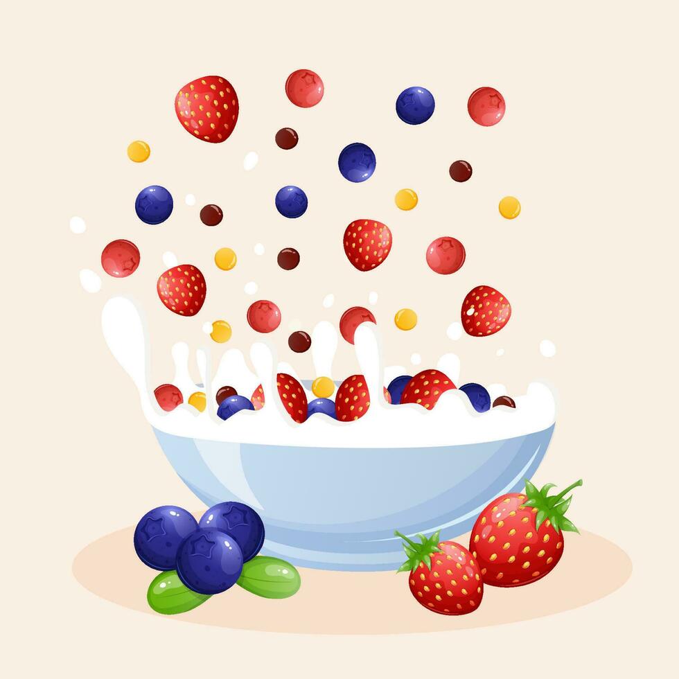 Bowl with milk, berry and corn balls. Milk splashes. Healthy breakfast. vector