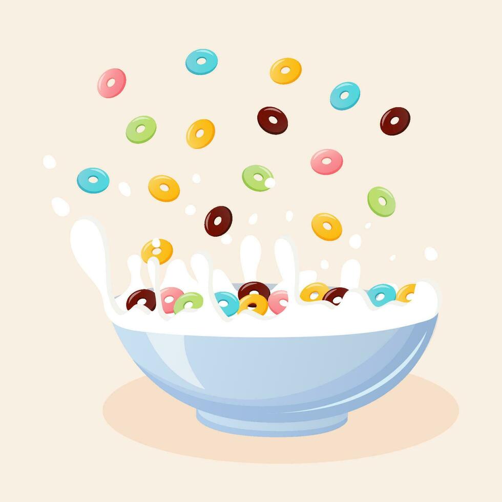 Bowl with milk and colorful crisp rings. Milk splashes. Healthy breakfast. vector
