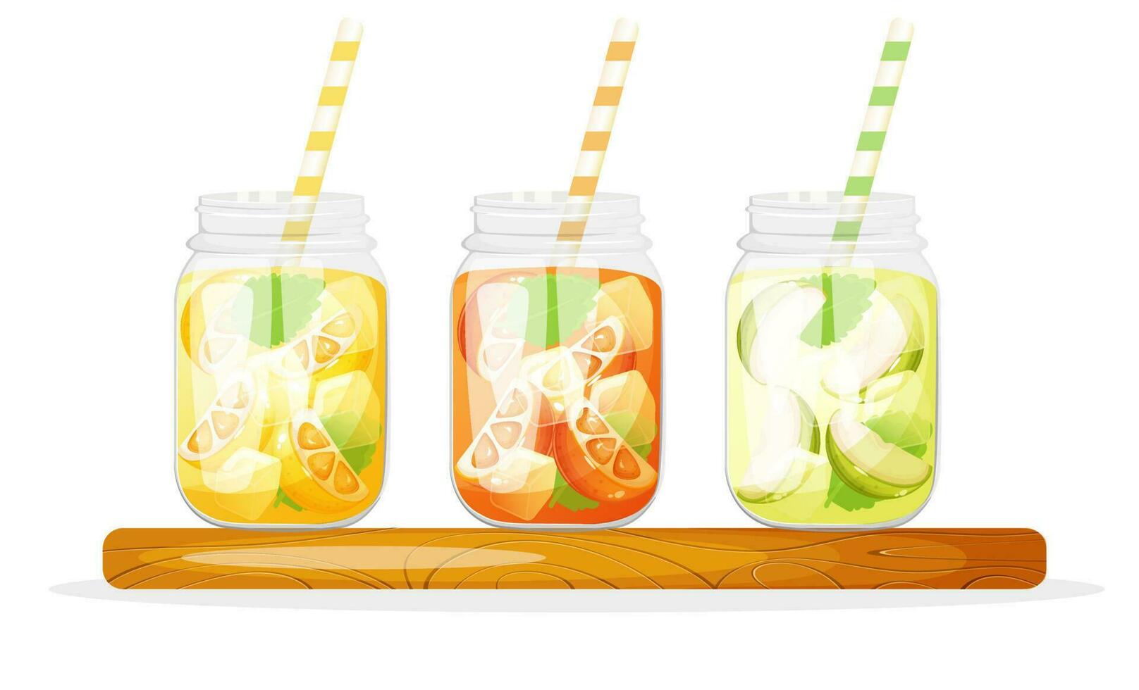 Soft drinks in glass jar with lemon, orange and apple standing on the wooden cutting board. vector