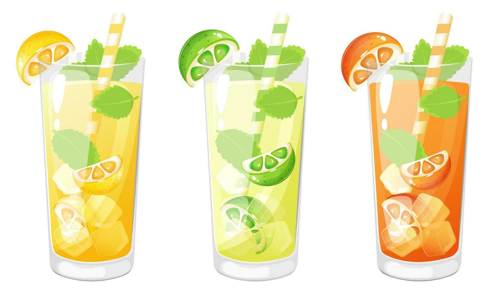 Mojito, orange and lemon lemonade cartoon illustration. Different cold drinks set. vector