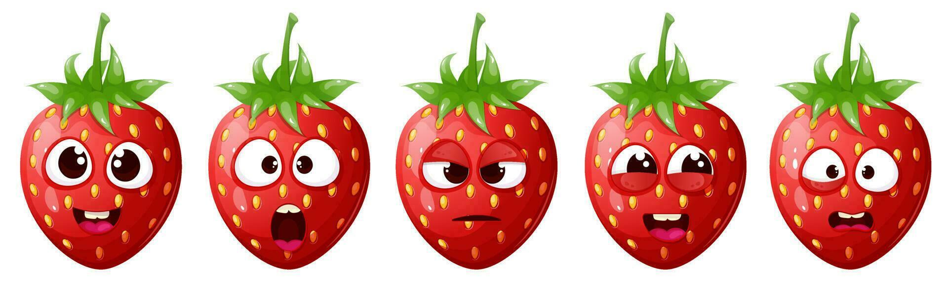 Funny, cute cartoon strawberry character set with different emotion face. vector