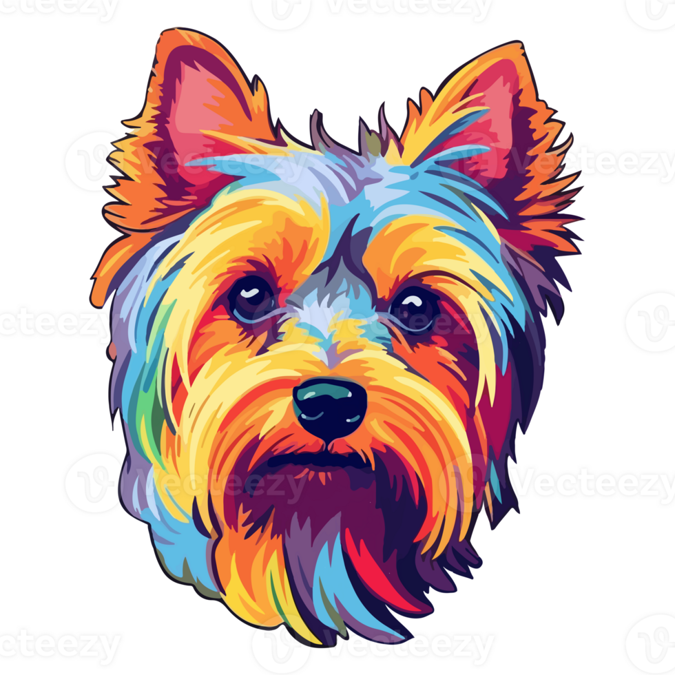 färgrik yorkshire terrier hund, yorkshire terrier porträtt, hund klistermärke klämma konst, hund älskare design, ai genererad. png