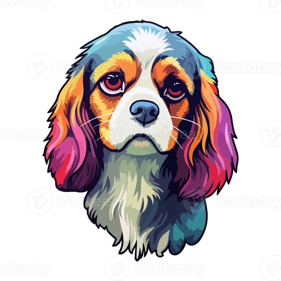 colorida descuidado rei Charles spaniel cachorro, descuidado rei Charles spaniel retrato, cachorro adesivo grampo arte, cachorro amante projeto, ai gerado. png