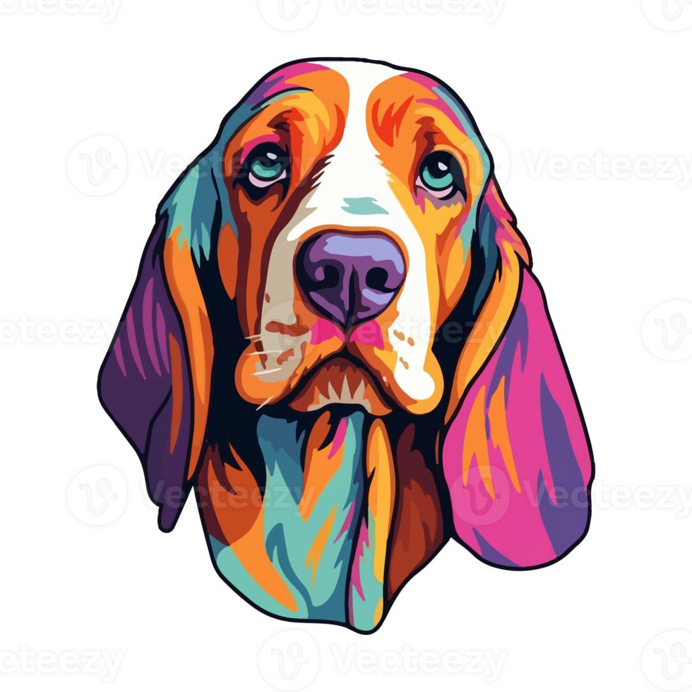 bunt Basset hetzen Hund, Basset hetzen Porträt, Hund Aufkleber Clip Kunst, Hund Liebhaber Design, ai generiert. png