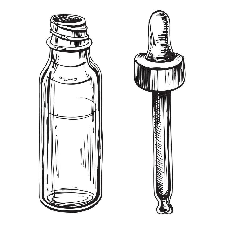 vaso botella con pipeta para productos cosméticos, aceites, suero. el ilustración es gráfico dibujado a mano. eps vector, aislado objetos vector