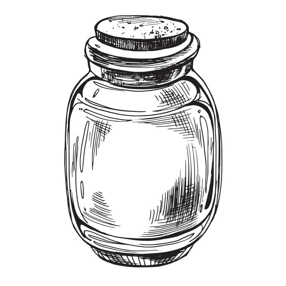 Glass jar with cork. The illustration is hand drawn in black ink, graphic. EPS vector. Isolated object vector