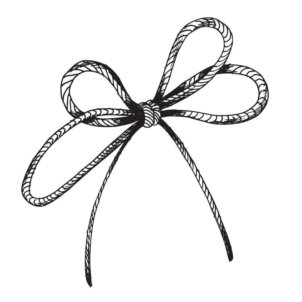 Jute rope bow, hand drawn illustration in black ink, graphic. EPS vector. Isolated object vector
